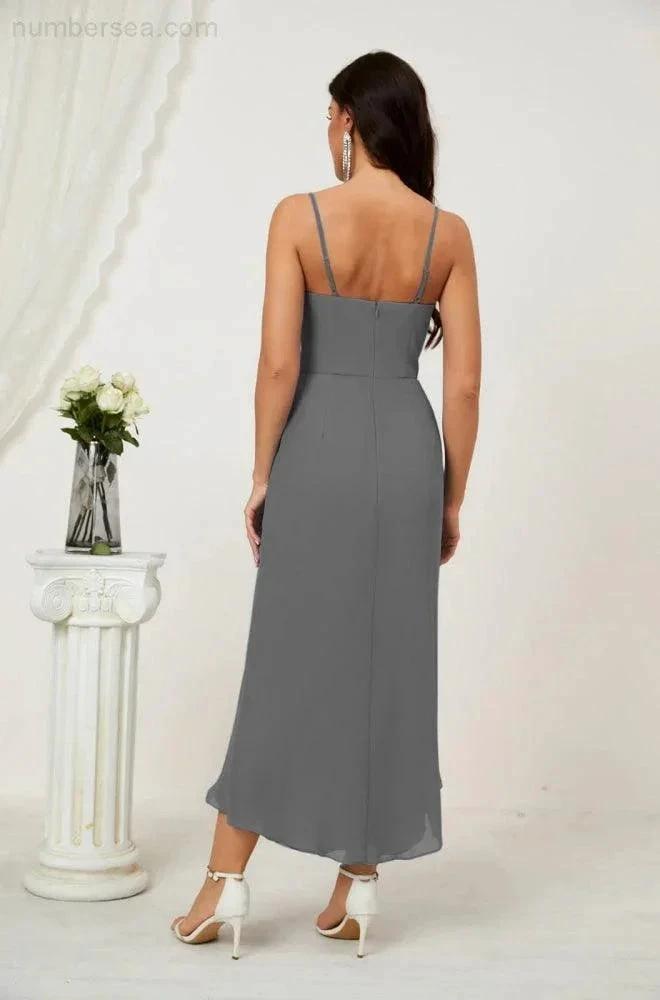 Numbersea Spaghetti Chiffon V Neck Bridesmaid Dress Mid-Length Slit Formal Prom Dress Homecoming Dress 2803 by numbersea