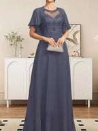 A-line Scoop Illusion Floor-Length Lace Chiffon Mother of the Bride Dress With Sequins by Dreamylily