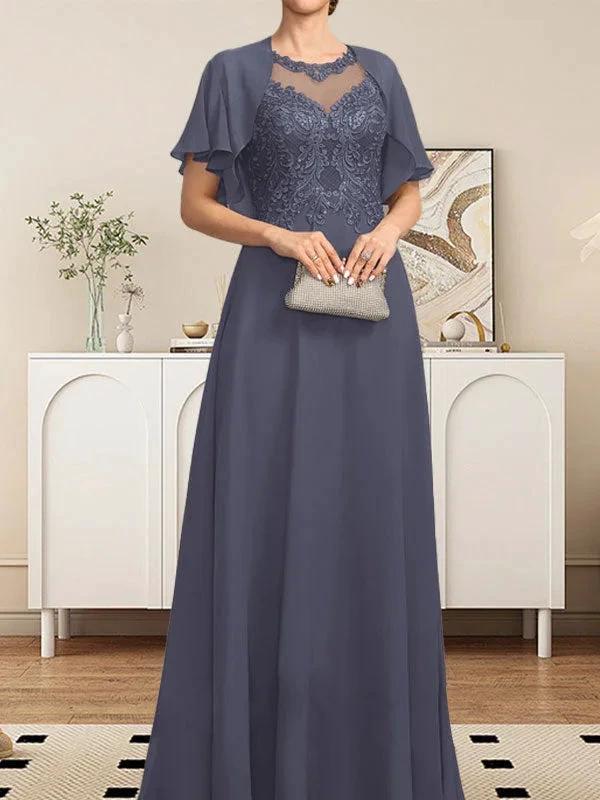 A-line Scoop Illusion Floor-Length Lace Chiffon Mother of the Bride Dress With Sequins by Dreamylily