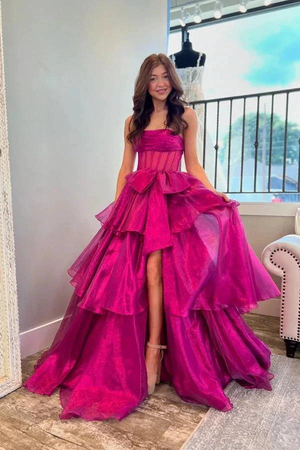 Strapless A-line Corset Fuchsia Long Prom Dress With Split PSK595 by Pgmdress