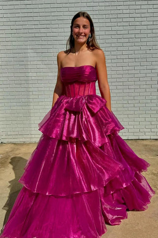 Vestido de fiesta largo fucsia con abertura y corsé, sin tirantes, corte A (PSK595)