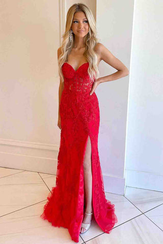 Langes Ballkleid aus Korsettspitze mit Schlitz SYP116