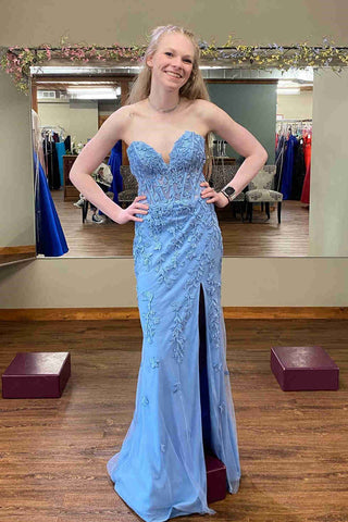 Langes Ballkleid aus Korsettspitze mit Schlitz SYP116