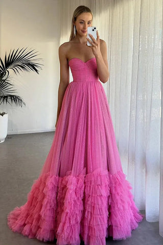 Vestido de fiesta largo de tul fucsia con volantes y corsé sin tirantes PSK580