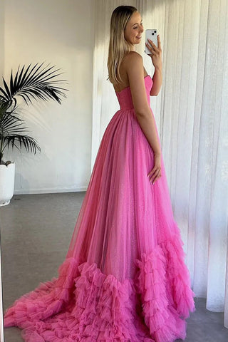 Vestido de fiesta largo de tul fucsia con volantes y corsé sin tirantes PSK580