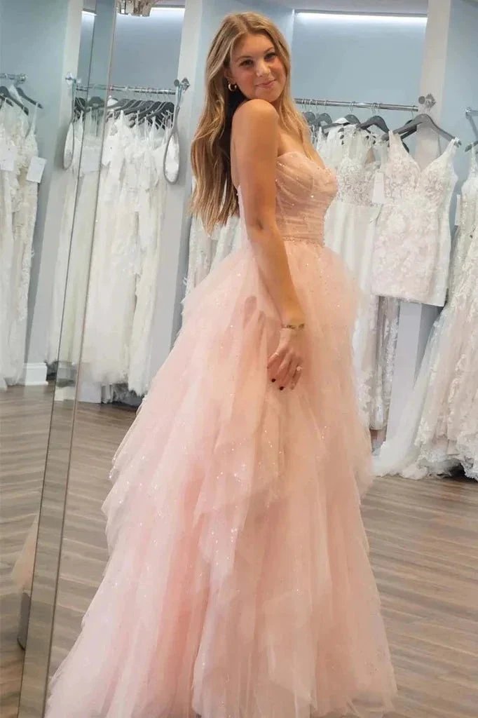 Strapless Light Pink Sequin Beaded Tulle Stunning Prom Dress PSK476 by pgmdress
