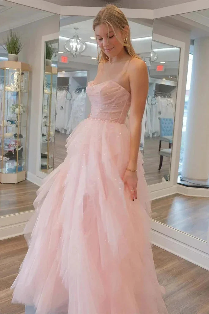 Strapless Light Pink Sequin Beaded Tulle Stunning Prom Dress PSK476
