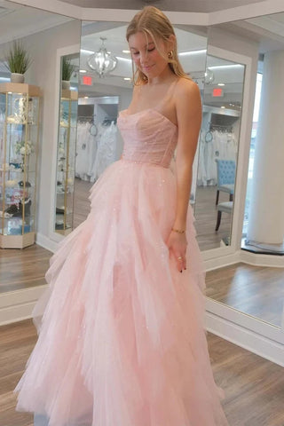 Trägerloses, hellrosa, mit Pailletten und Perlen besetztes Tüll-Ballkleid PSK476