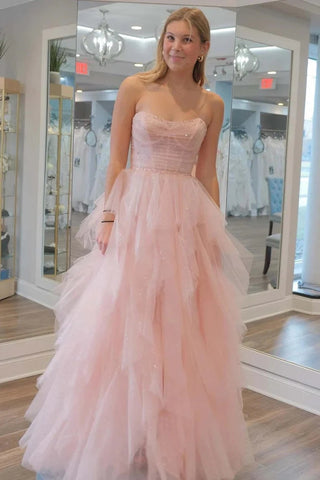 Trägerloses, hellrosa, mit Pailletten und Perlen besetztes Tüll-Ballkleid PSK476