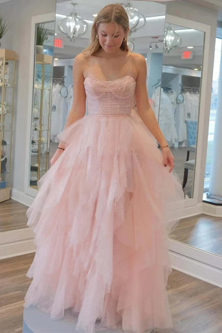 Trägerloses, hellrosa, mit Pailletten und Perlen besetztes Tüll-Ballkleid PSK476