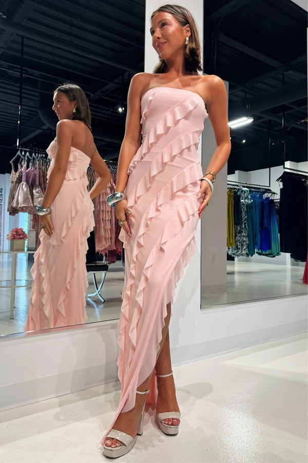 Strapless Ruffle Chiffon Pink Bridesmaid Dress with Slit BD121 Hover Image