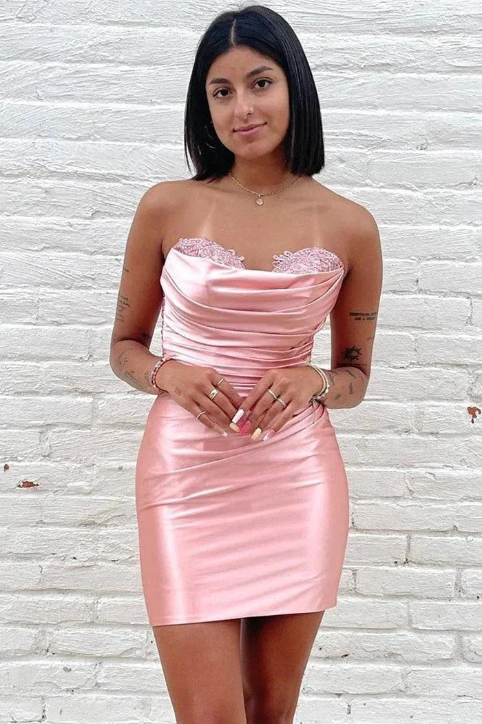 Strapless Satin Sweetheart Short Mini Pink Homecoming Dress PD521 by pgmdress