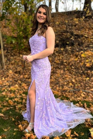 Vestido de fiesta con abertura de sirena y apliques SYP157 