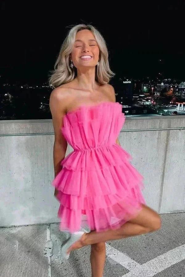 Strapless Tiered Tulle Pink Homecoming Dress Sweet 16 Dress PD556 by pgmdress