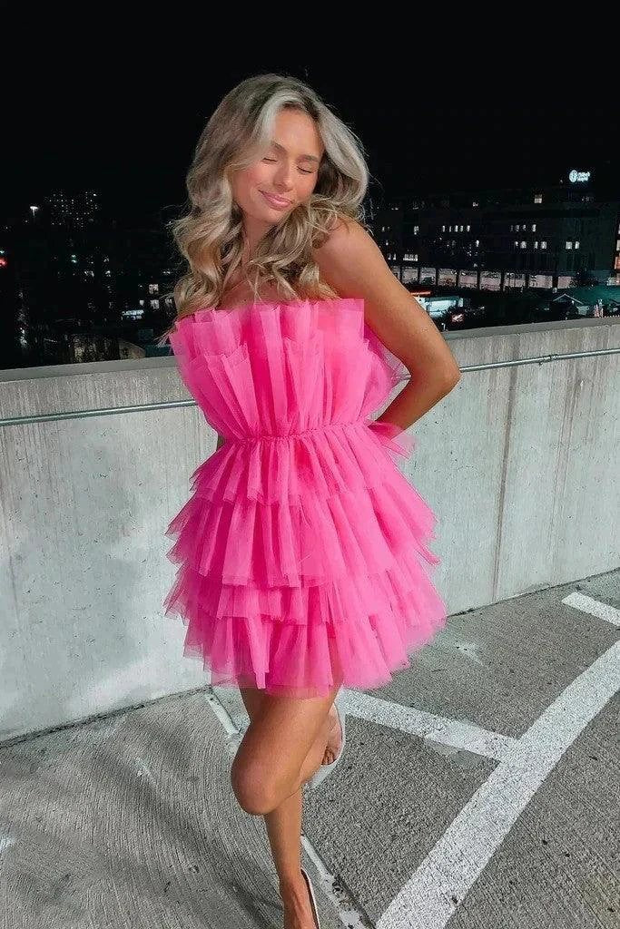 Strapless Tiered Tulle Pink Homecoming Dress Sweet 16 Dress PD556 by pgmdress