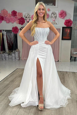Trägerloses weißes Meerjungfrau-Abendkleid mit Perlen PSK574