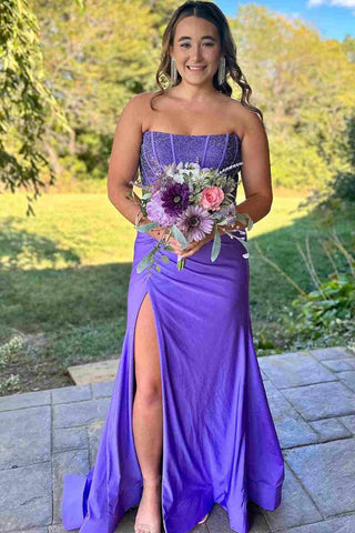Trägerloses weißes Meerjungfrau-Abendkleid mit Perlen PSK574