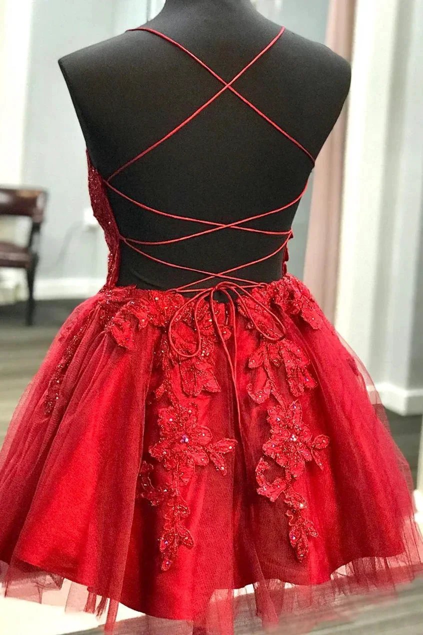 Lace Appliqued Red Short Homecoming Dress SYH22 by vivymakudress