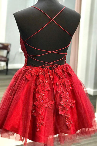 Vestido corto rojo de fiesta con apliques de encaje SYH22