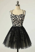 Straps Black Appliques Short Prom Dress Homecoming Dress with Sequins PD475 by pgmdress