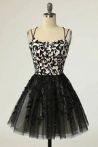 Straps Black Appliques Short Prom Dress Homecoming Dress with Sequins PD475 by pgmdress