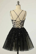Straps Black Appliques Short Prom Dress Homecoming Dress with Sequins PD475 by pgmdress