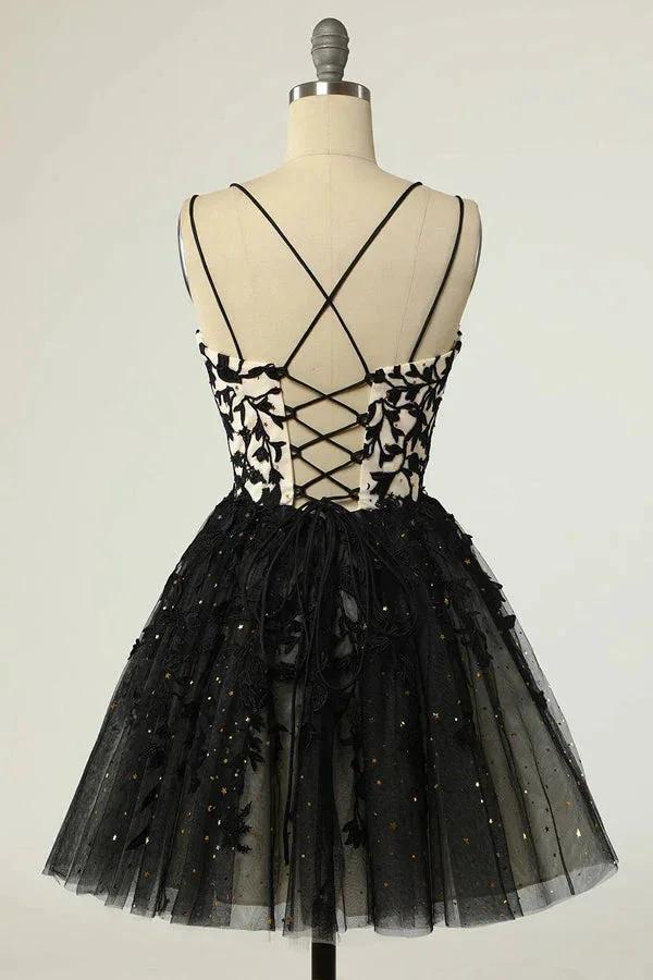 Straps Black Appliques Short Prom Dress Homecoming Dress with Sequins PD475 by pgmdress
