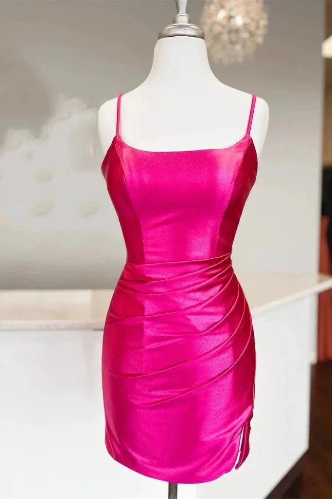 Straps Fuchsia Ruched Bodycon Tight Satin Homecoming Dress PD476 by pgmdress