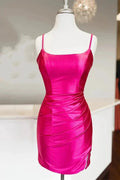 Straps Fuchsia Ruched Bodycon Tight Satin Homecoming Dress PD476 by pgmdress
