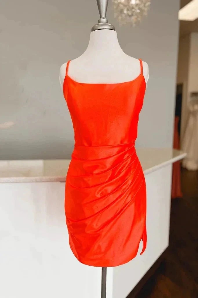 Straps Fuchsia Ruched Bodycon Tight Satin Homecoming Dress PD476 by pgmdress