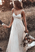 Straps Long Train A-line Lace Simple Rustic Backless Wedding Dress WD555 by pgmdress