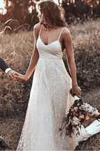 Straps Long Train A-line Lace Simple Rustic Backless Wedding Dress WD555 by pgmdress