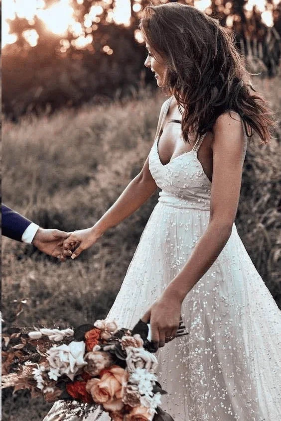 Straps Long Train A-line Lace Simple Rustic Backless Wedding Dress WD555 by pgmdress