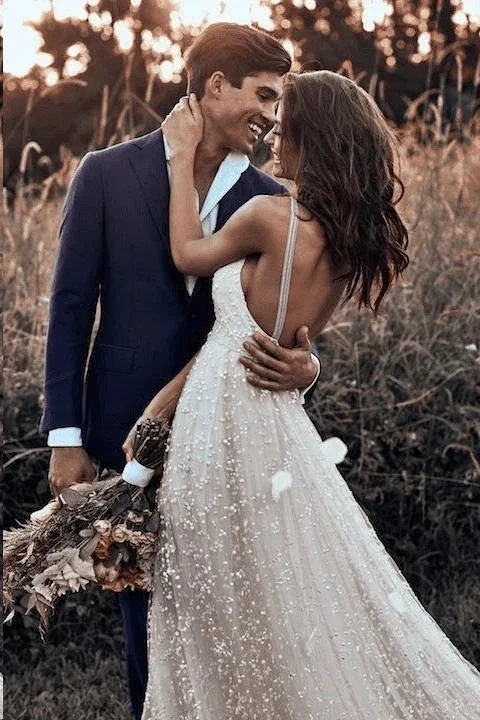 Straps Long Train A-line Lace Simple Rustic Backless Wedding Dress WD555 by pgmdress