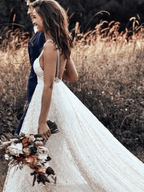 Straps Long Train A-line Lace Simple Rustic Backless Wedding Dress WD555 by pgmdress