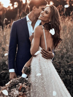 Straps Long Train A-line Lace Simple Rustic Backless Wedding Dress WD555 by pgmdress