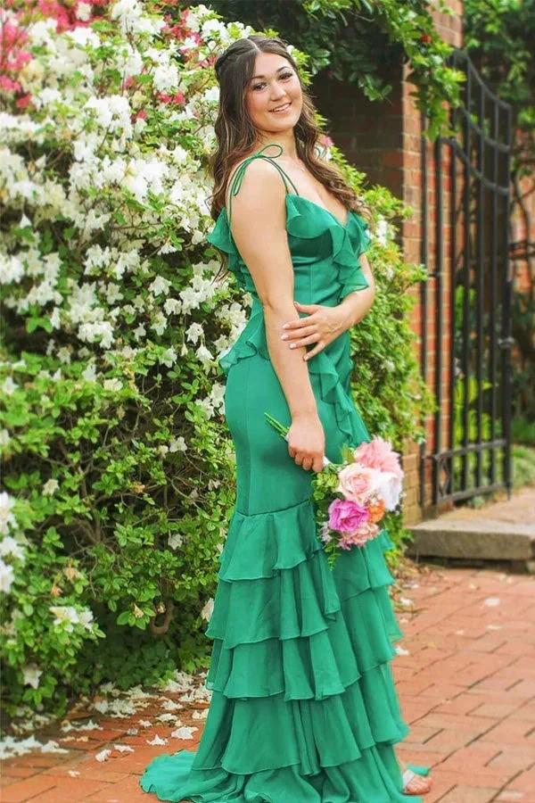 Straps Mermaid Ruffle Tiered Green Long Prom Dress With Slit PSK609 by pgmdress