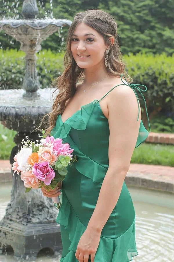 Straps Mermaid Ruffle Tiered Green Long Prom Dress With Slit PSK609 by pgmdress