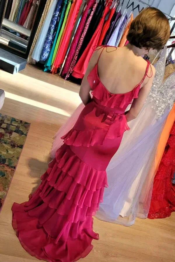 Straps Mermaid Ruffle Tiered Green Long Prom Dress With Slit PSK609 by pgmdress