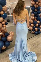 Straps Mermaid Simple Satin Light Blue Long Prom Dress PSK596 by Pgmdress