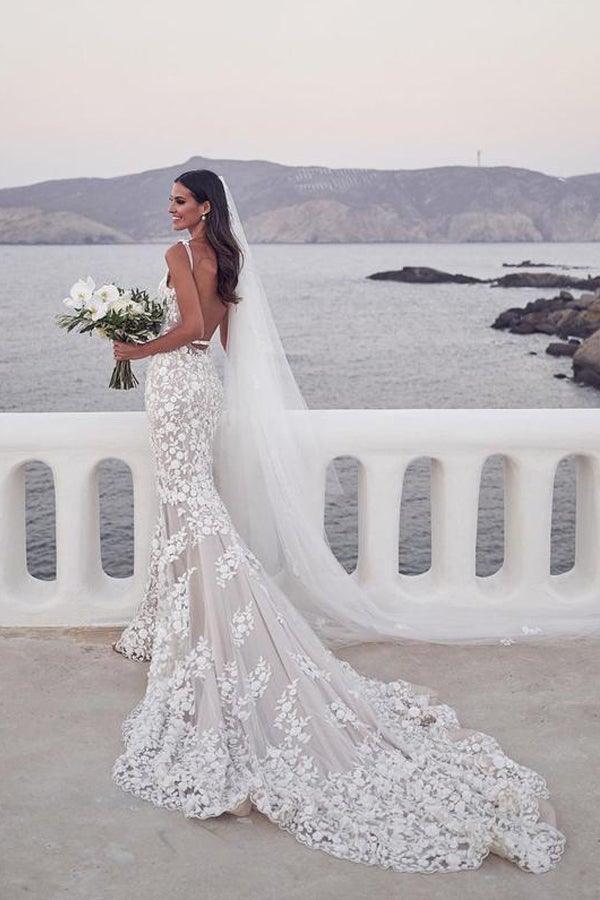 Straps Mermaid Wedding Dresses Lace Appliqued Gowns Wedding Dresses WD574 Hover Image