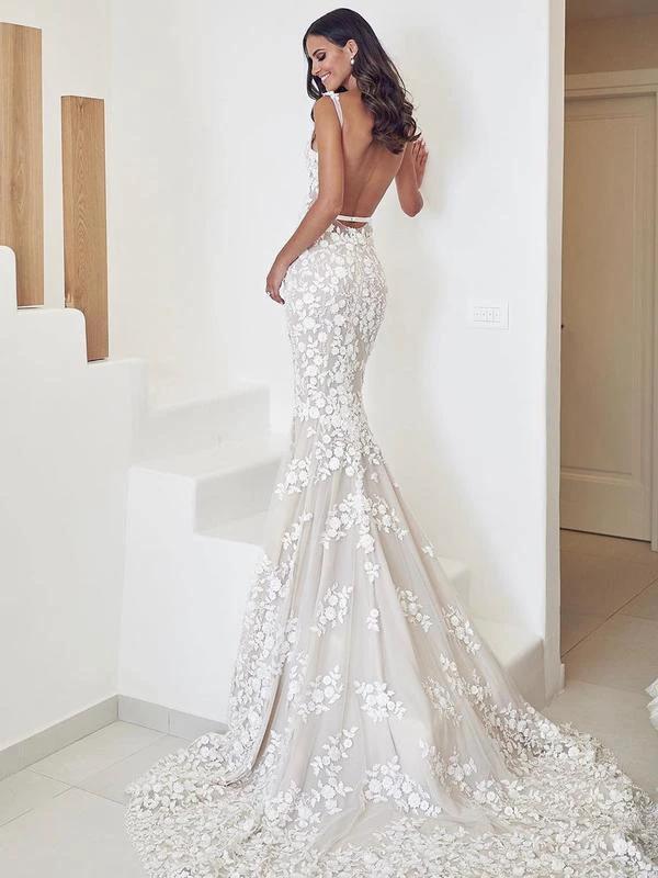 Straps Mermaid Wedding Dresses Lace Appliqued Gowns Wedding Dresses WD574 by pgmdress