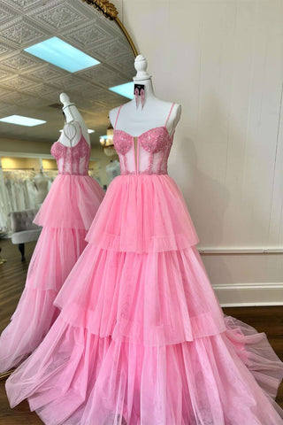 Vestido de fiesta largo con corsé bordado con lentejuelas y volantes escalonados