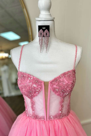 Vestido de fiesta largo con corsé bordado con lentejuelas y volantes escalonados