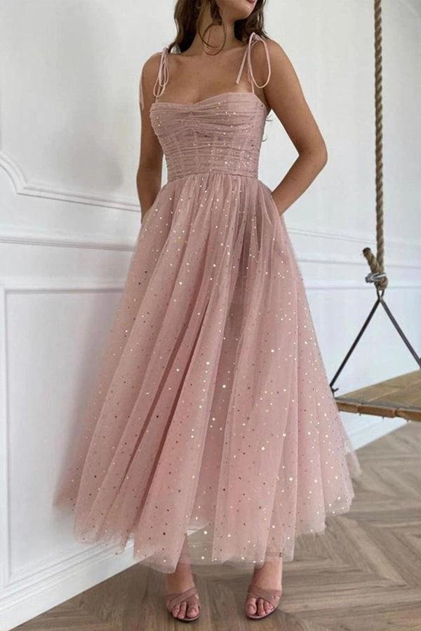 Straps Tea Length Pink Prom Dresses Tulle Homecoming Dresses PD453 by pgmdress