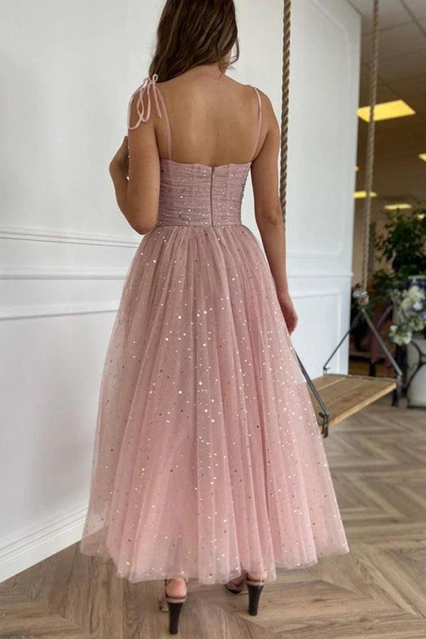 Straps Tea Length Pink Prom Dresses Tulle Homecoming Dresses PD453 by pgmdress