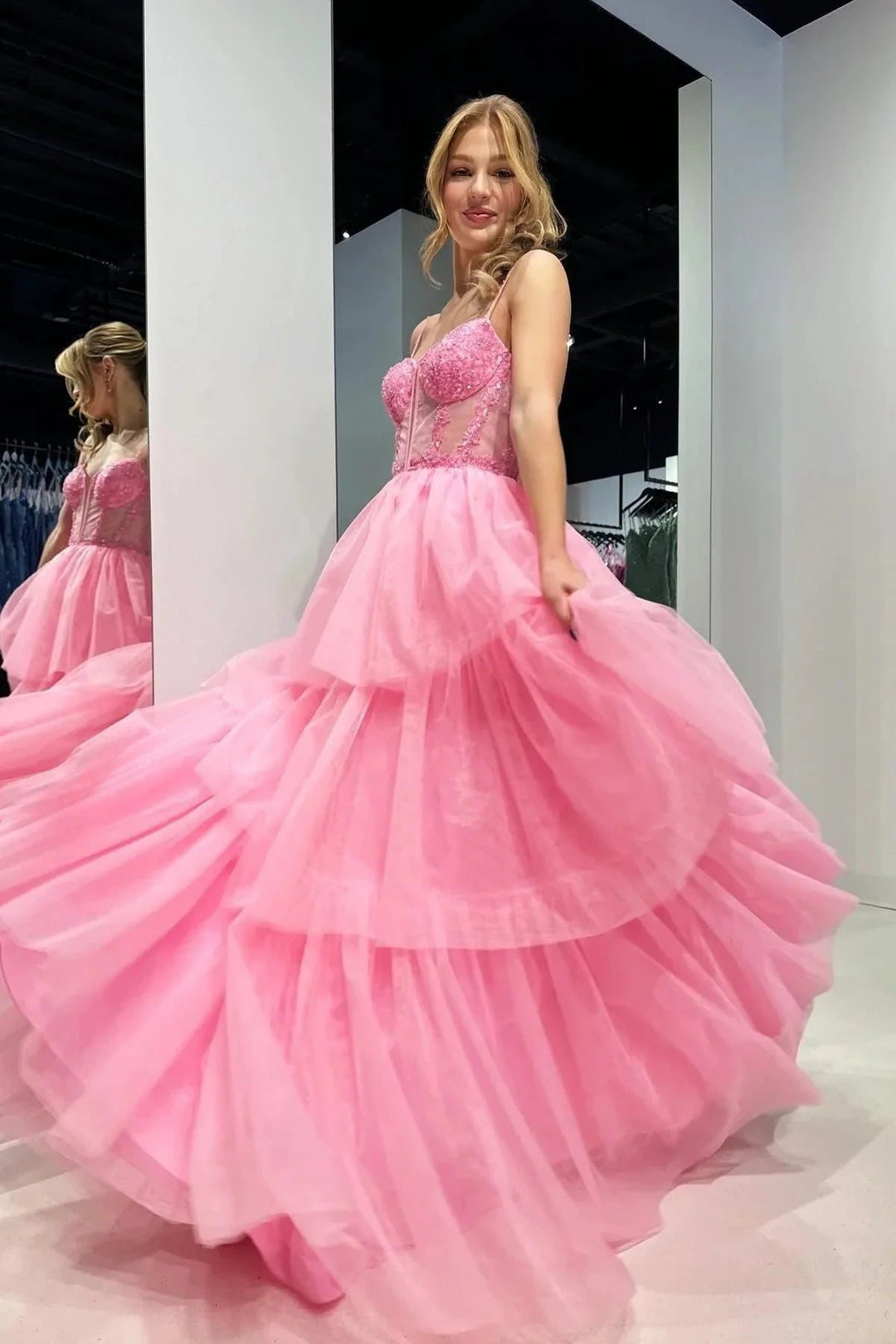 Tiered Ruffle Sequin-Embroidery Corset Long Prom Gown by KissGroup