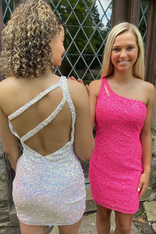 Impresionante vestido de fiesta con lentejuelas rosa intenso SYH19