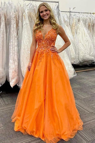 Impresionante vestido de fiesta largo naranja con escote en V y apliques PSK434