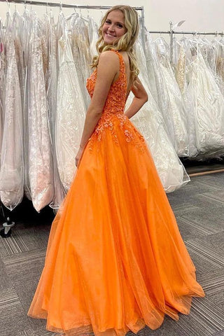 Impresionante vestido de fiesta largo naranja con escote en V y apliques PSK434